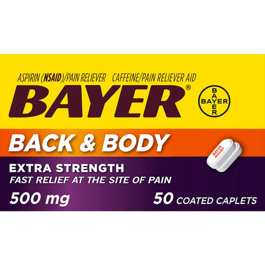 Bayer Aspirin Extra Strength Back & Body Pain 500 Mg 50 Coated Caplets Medicine & Drugs Pasteur Pharmacy
