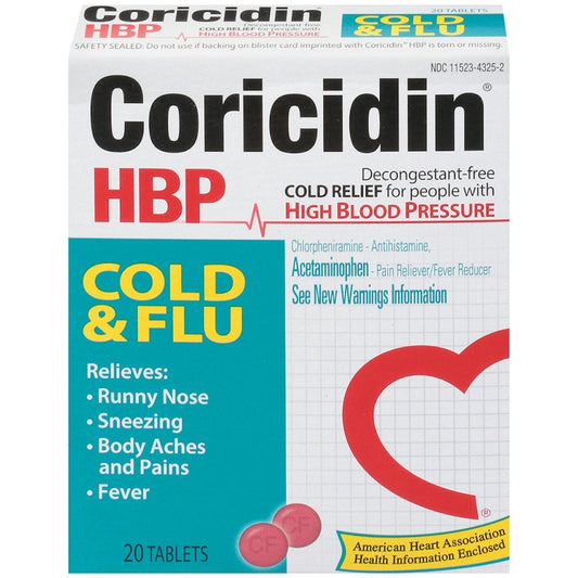 Coricidin High Blood Pressure Cold & Flu Relief Tablets 20 ct Medicine & Drugs Pasteur Pharmacy