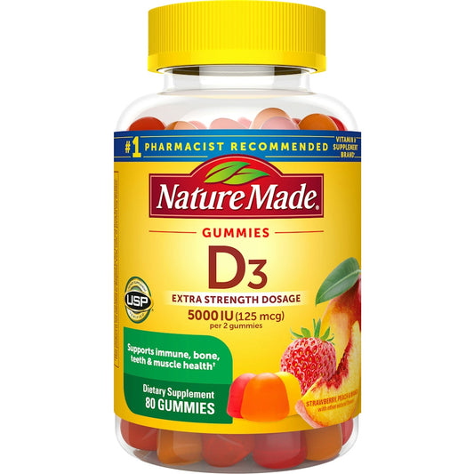 Nature Made Extra Strength Vitamin D3 5000 IU (125 Mcg) Per Serving, Dietary Supplement For Bone, Teeth, Muscle And Immune Health Support, 80 Gummies, 40 Day Supply Health & Beauty Pasteur Pharmacy