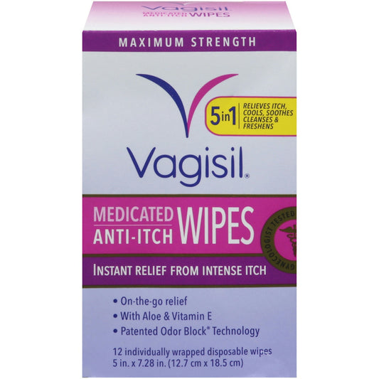 Vagisil Maximum Strength Anti-Itch Medicated Wipes, 12 Individually Wrapped Wipes Bath & Body Pasteur Pharmacy