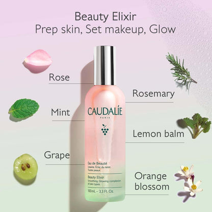 Elixir de belleza de Caudalie: bruma facial refrescante y tónico facial minimizador de poros con agua de uva, manzanilla y menta para una piel radiante