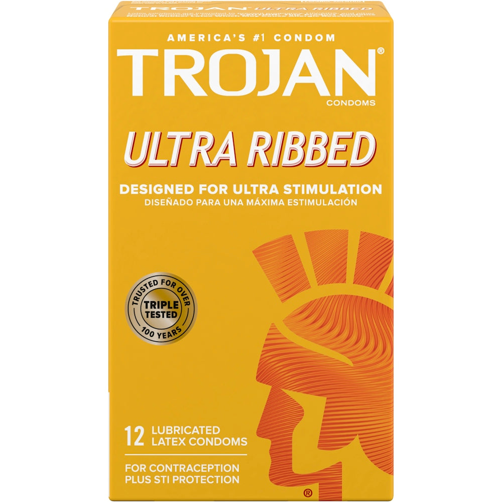 Preservativos de látex lubricados premium con relieve Trojan Ultra Ribbed