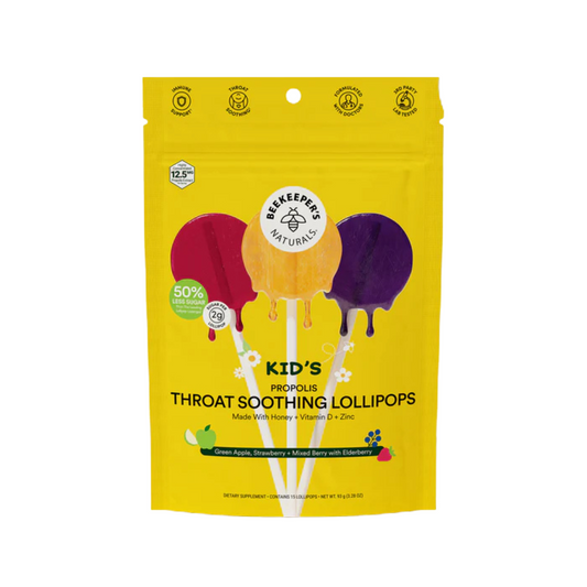 Beekeeper's Naturals Throat Soothing Lollipops, Kid's, Green Apple, Strawberry + Mixed Berry With Elderberry Candy Pasteur Pharmacy