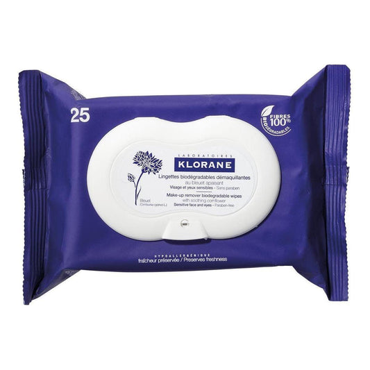 Klorane Make-Up Remover Biodegradable Wipes with Soothing Cornflower, 25 Count