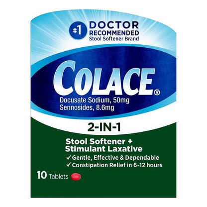 Comprimés Colace 2-en-1, émollient fécal et laxatif stimulant - boîte de 10