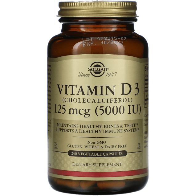 Solgar Vitamin D3 (Cholecalciferol) 125 mcg (5,000 IU) 240 Vegetable Capsules Vitamin D3 Supplement Pasteur Pharmacy