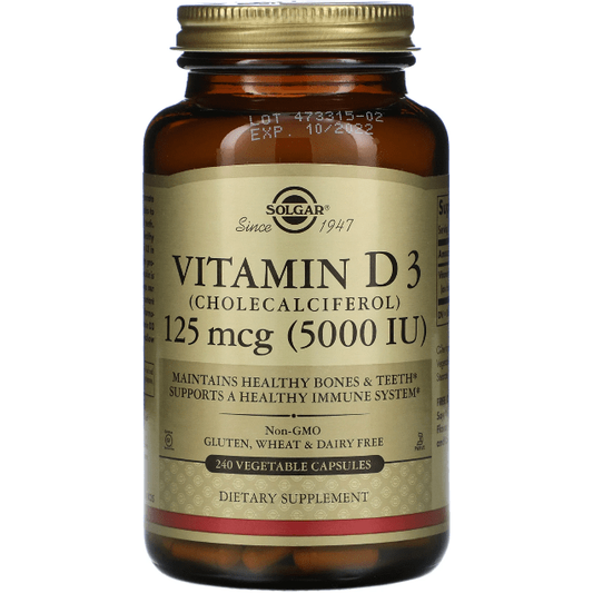 Solgar Vitamin D3 (Cholecalciferol) 125 mcg (5,000 IU) 240 Vegetable Capsules Vitamin D3 Supplement Pasteur Pharmacy