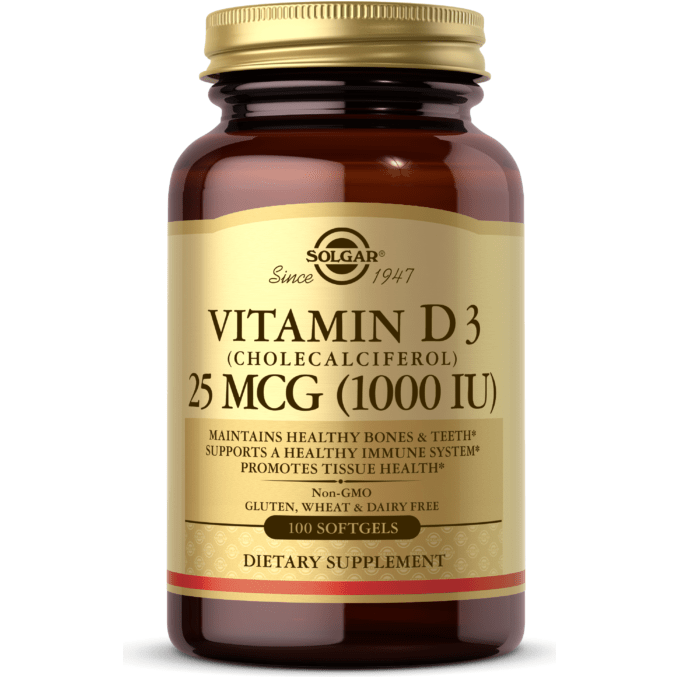 Solgar Vitamin D3 (Cholecalciferol) 25 mcg (1000 IU) 100 Softgels Vitamin Supplement Pasteur Pharmacy