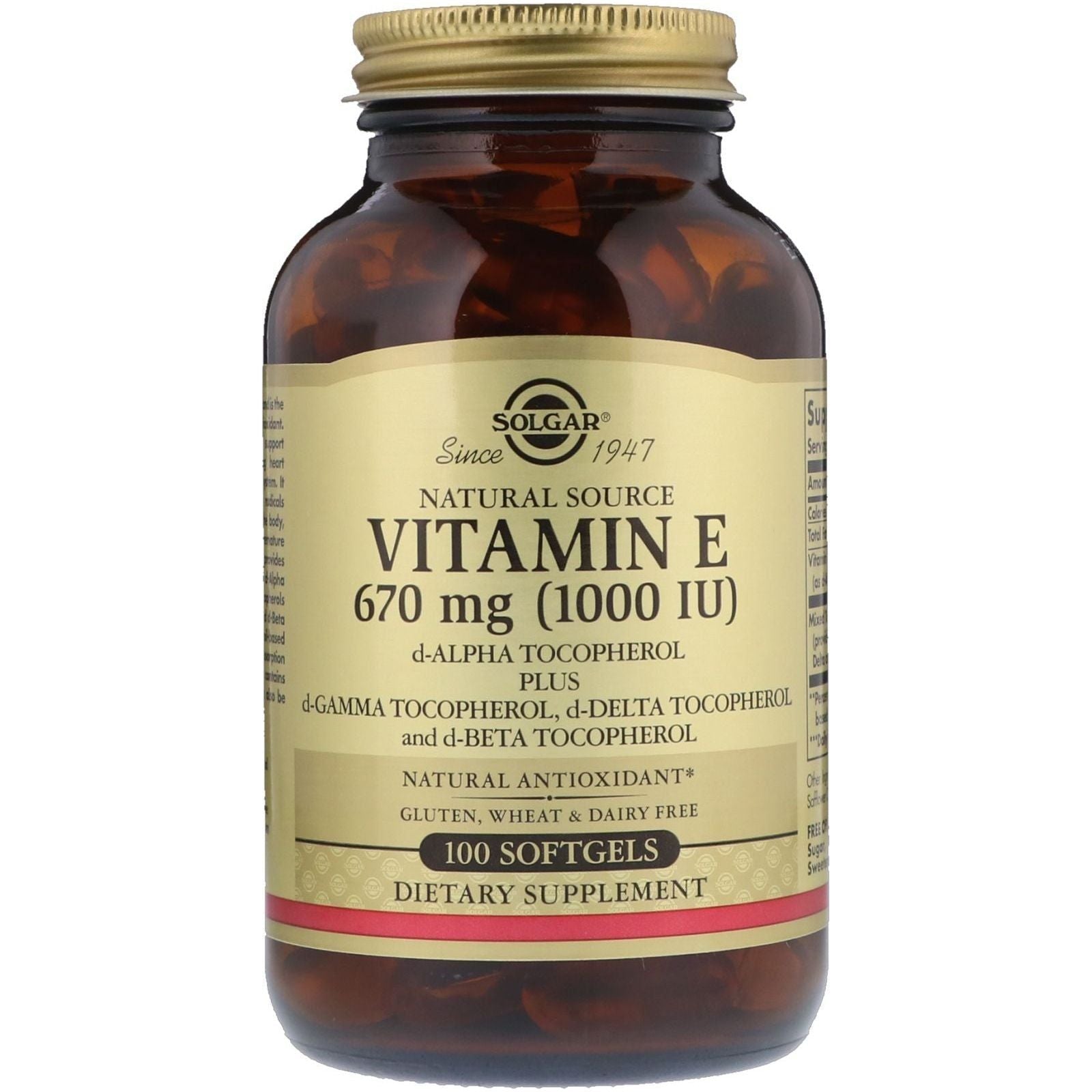 Solgar Vitamin E 670 mg (1000 IU) 60 Softgels Vitamin E Supplement Pasteur Pharmacy