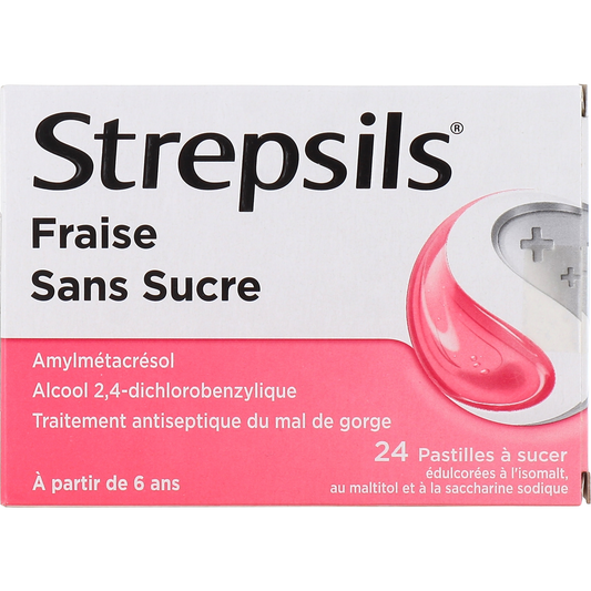 Strepsils Strawberry Sugar-Free Lozenges Sore Throat Relief Pack of 24 Sore Throat Lozenges Pasteur Pharmacy