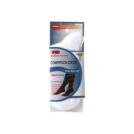 +MD Unisex Ribbed Compression Socks, Over the Calf, White, Medium – Graduated Compression for Circulation & Support (1 Pair) Knee Socks Pasteur Pharmacy