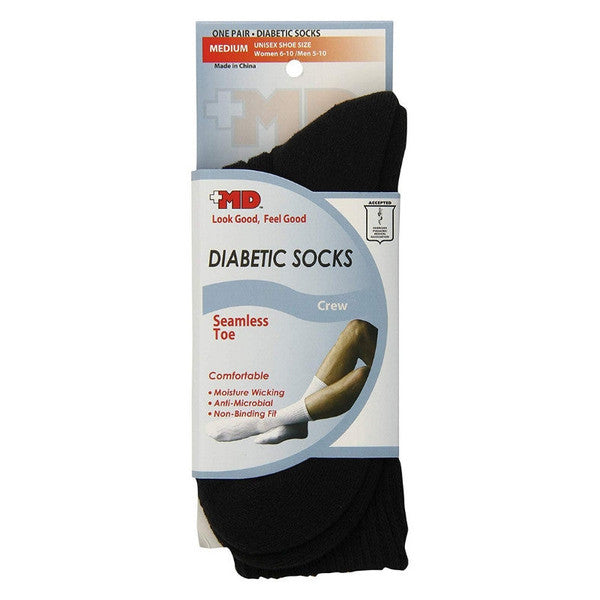 MD Usa Seamless Toe-Wave-In Mesh Diabetic Crew Socks, Black, Medium, 1 Pair Crew Socks Pasteur Pharmacy
