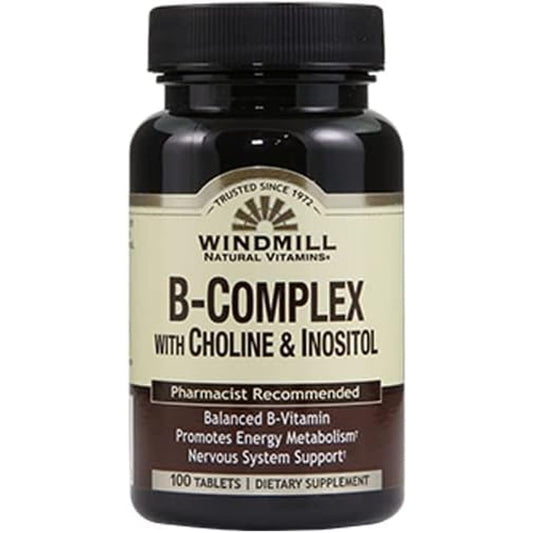 Windmill® B-Complex with Choline & Inositol – 100 Tablets Vitamins & Supplements Pasteur Pharmacy