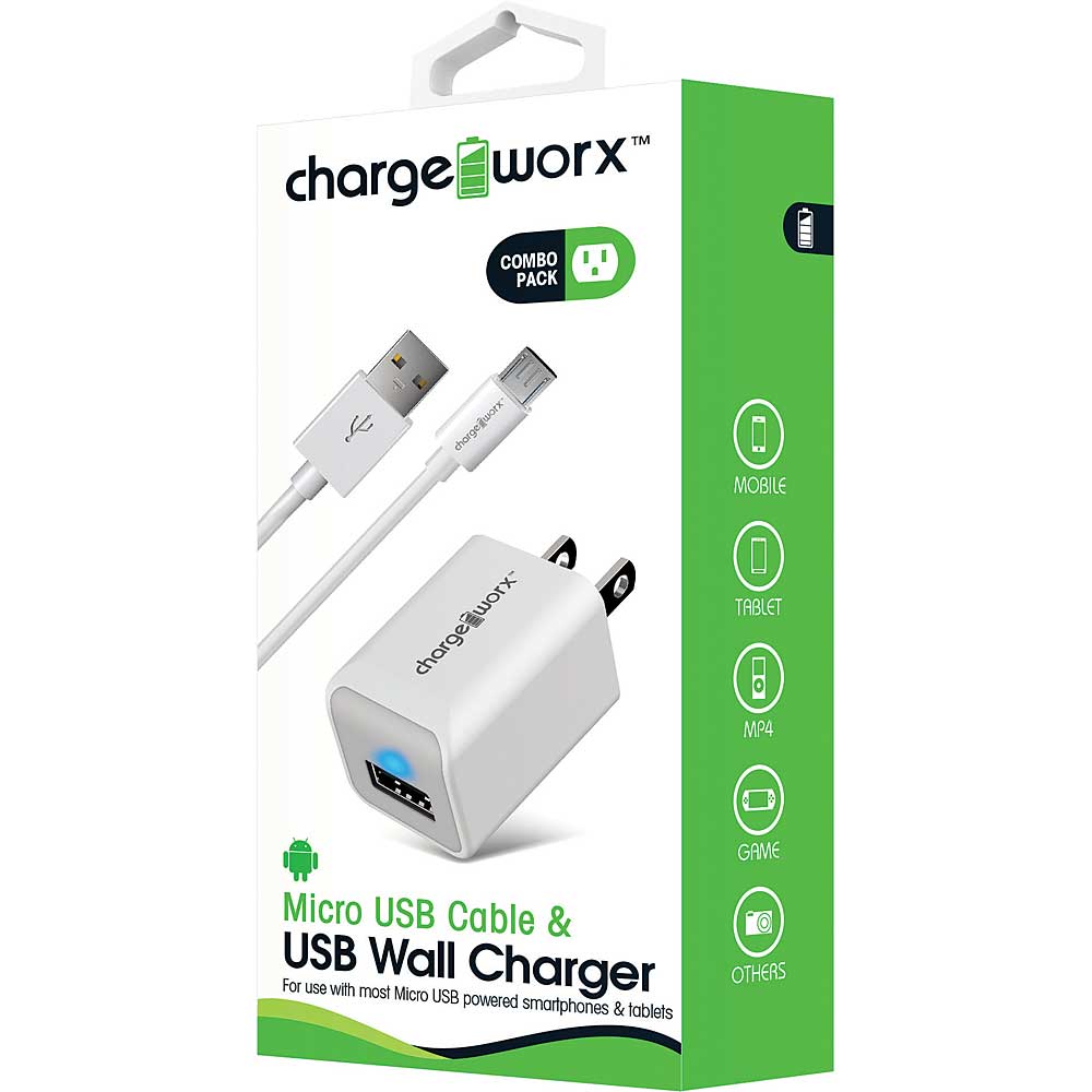 Chargeworx Micro USB Sync Cable & USB Wall Charger, White Power Adapters & Chargers Pasteur Pharmacy