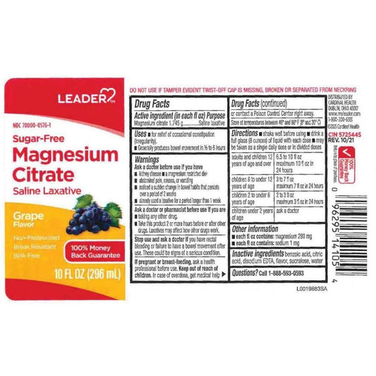 Leader Magnesium Citrate Saline Laxative, Sugar-Free Grape 10 Fl Oz 096295143119 Grapes Pasteur Pharmacy