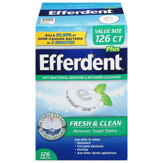Efferdent Plus Anti-Bacterial Fresh & Clean Denture & Retainer Cleanser Value Size 126 Tablets Dentures Pasteur Pharmacy