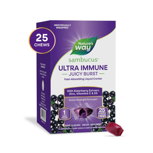 Nature's Way Sambucus Ultra Immune Juicy Burst Vitamins C D3 Elderberry Extract Berry Flavored Chews Vitamins & Supplements Pasteur Pharmacy