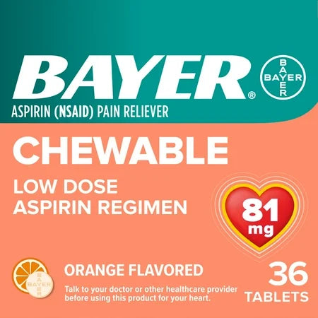 Bayer Chewable Aspirin Low Dose 81mg Orange Flavor 36 count Health Care Pasteur Pharmacy