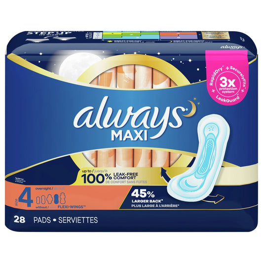 Always Maxi Size 4 Overnight Pads with Wings, 28-Count Pack of 6 Feminine Pads & Protectors Pasteur Pharmacy