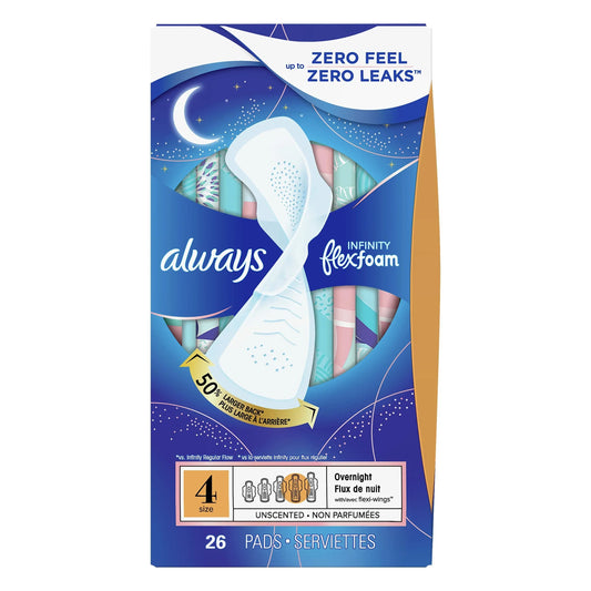 Always Infinity FlexFoam Pads, Size 4 Overnight with Wings 26 Count Feminine Pads & Protectors Pasteur Pharmacy