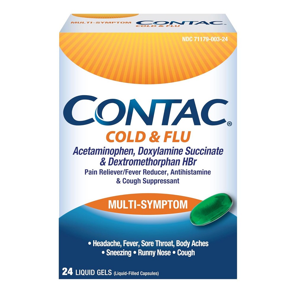 Contac Cold & Flu Multi Symptom 24 Liquid Gels Medicine & Drugs Pasteur Pharmacy