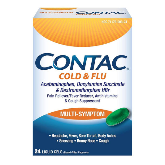 Contac Cold & Flu Multi Symptom 24 Liquid Gels Medicine & Drugs Pasteur Pharmacy