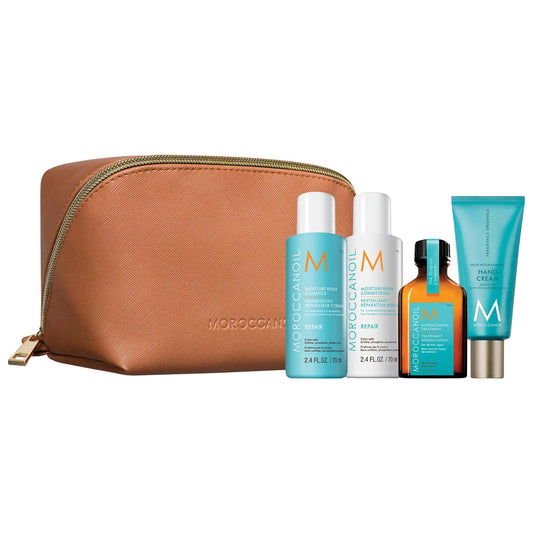 Kit de reparación capilar mini de Moroccanoil: Trata el cabello seco y dañado con aceite de argán; sin sulfatos ni parabenos, tamaño de viaje para brillo y suavidad