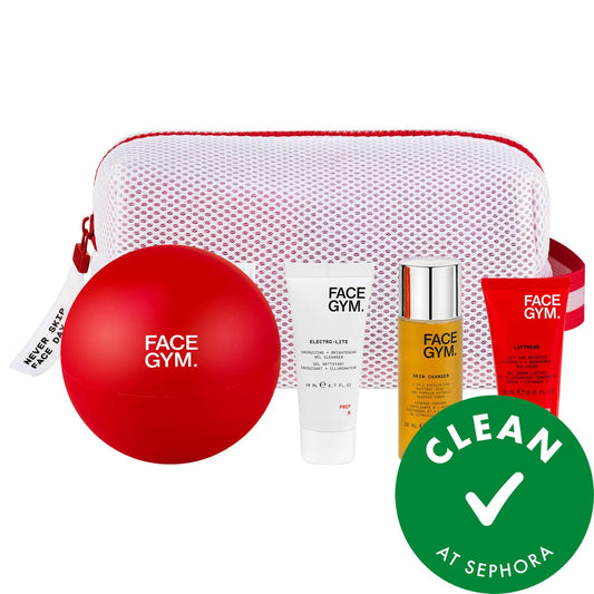 Kit de démarrage FaceGym – Ensemble de soins véganes pour une peau éclatante, kit d'entraînement facial naturel avec nettoyant, tonique, hydratant et balle pour le visage