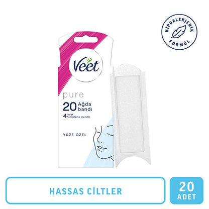 Bandes de cire visage Veet Pure pour peaux sensibles - Épilation hypoallergénique pour le visage, technologie Easy-Gelwax, 20 bandes et 4 lingettes