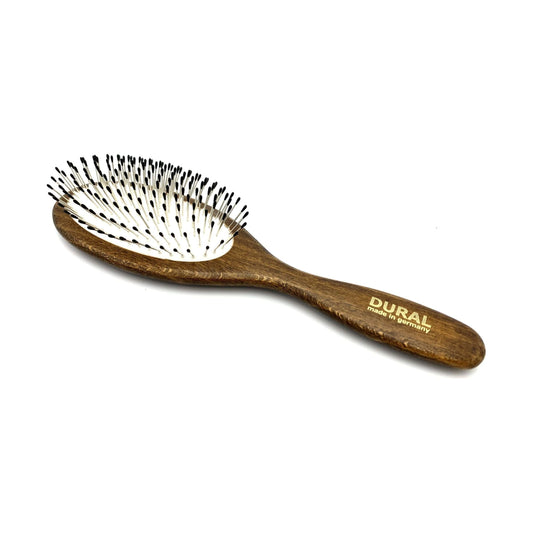 Brosse à cheveux Dural pour le coiffage et le soin, coussin en caoutchouc, picots en acier à embouts plastiques, bois de hêtre