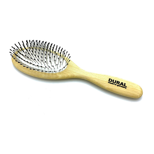 Brosse à cheveux Dural pour le coiffage et le soin, coussin en caoutchouc avec picots en acier à bouts arrondis, bois de hêtre