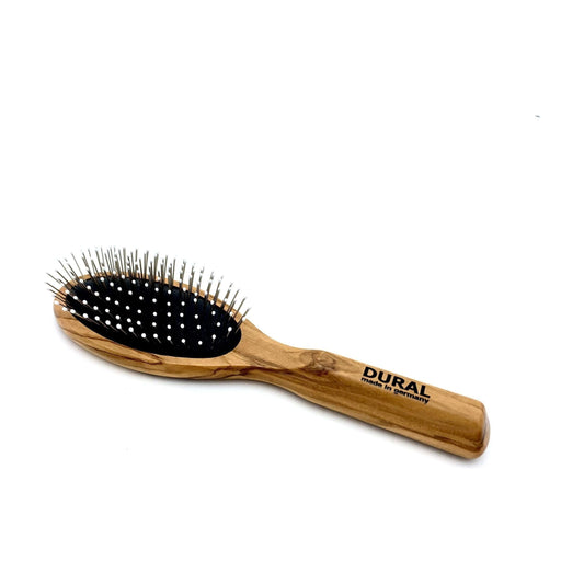 Brosse à cheveux Dural pour le coiffage et l'entretien, coussin en caoutchouc, picots en métal avec embouts en plastique, bois d'olivier