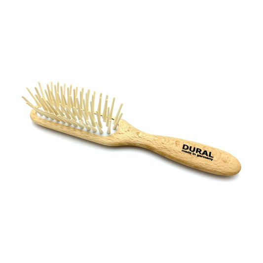 Brosse à cheveux Dural pour le coiffage et l'entretien, coussin en caoutchouc, longs picots en bois, bois de hêtre