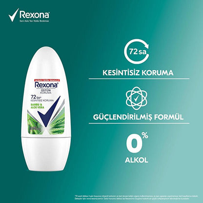Desodorante Roll-On Rexona Bambú y Aloe Vera 50ml - Protección 72 Horas | Cuidado Femenino