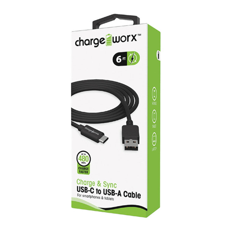 Charge Worx® 6ft USB-C to USB-A Sync & Charge Cable – Black Cables Pasteur Pharmacy