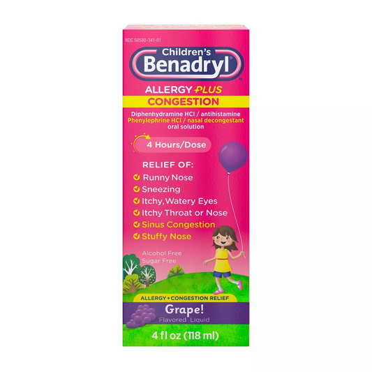 Benadryl Children's Allergy Plus Congestion Relief Liquid - Grape - Diphenhydramine - 4 Fl Oz Health & Beauty Pasteur Pharmacy