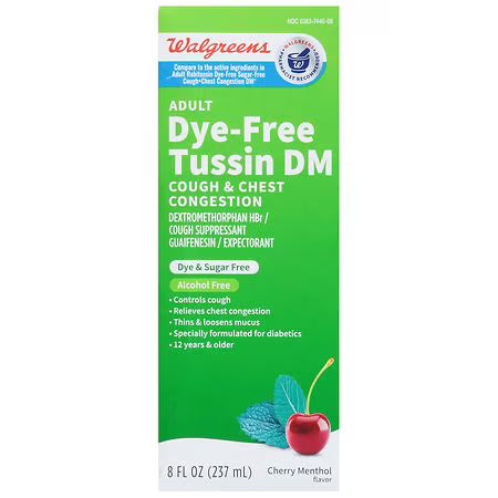 Walgreens Adult Tussin DM Cough & Chest Congestion, Sugar-Free & Dye-Free, Cherry Menthol, 8 fl oz Respiratory Care Pasteur Pharmacy