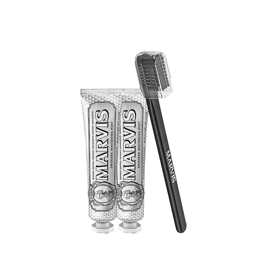 Dentifrice Marvis Menthe Blancheur - Lot de 2 avec brosse à dents : Obtenez un sourire plus éclatant et plus sûr de vous grâce à un blanchiment dentaire supérieur.