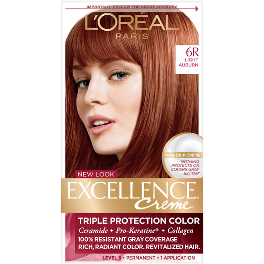 Excellence L'Oreal Paris Creme Permanent Triple Protection Hair Color, 6R Light Auburn, 1 Kit Hair Color Pasteur Pharmacy