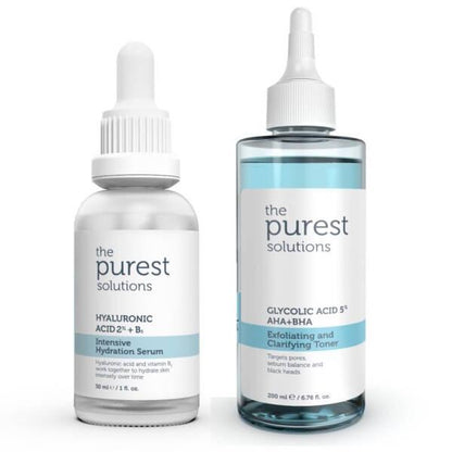 Set de cuidado de la piel The Purest Solutions - Sérum hidratante y tónico exfoliante para piel seca e irregular - Ácido hialurónico y ácido glicólico