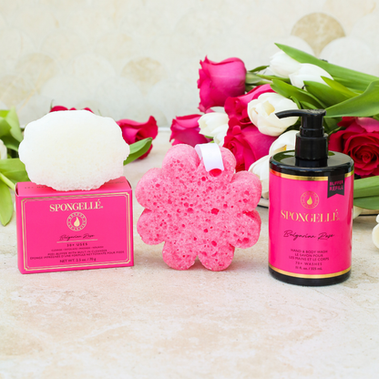 Set de recambio de gel de ducha, esponja exfoliante Pedi Buffer y rosa silvestre búlgara