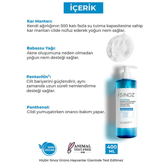 Gel nettoyant hydratant pour le visage Sinoz pour peaux sèches et sensibles | Nettoyant visage doux aux extraits de trémelle et d'huile de babassu - Sans SLS, hydratant (400 ml)