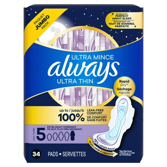 Always Ultra Thin Size 5 Extra Heavy Overnight Pads with Wings 3 Packs of 34 Feminine Pads & Protectors Pasteur Pharmacy