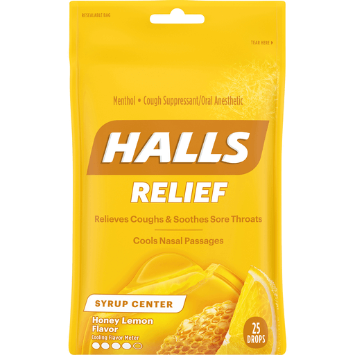 Halls Cough Suppressant/Oral Anesthetic, Menthol, Soothing Syrup Center, Honey Lemon Flavor