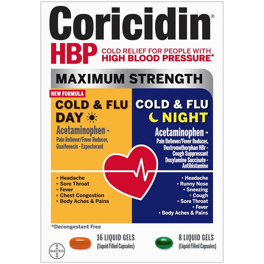 Coricidin HBP Maximum Strength Day/Night Cold & Flu 24 Liquid Gels Medicine & Drugs Pasteur Pharmacy