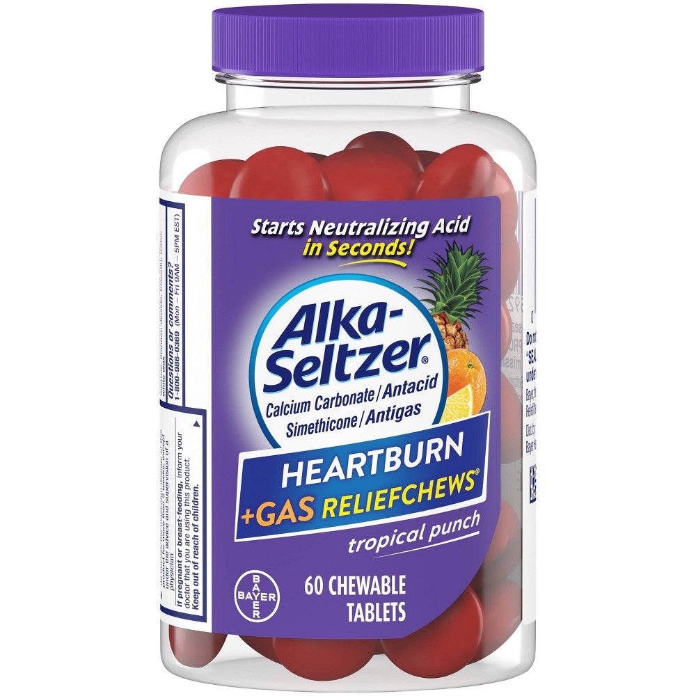 Alka-Seltzer Heartburn Relief + Gas Relief, Extra Strength Antacid, Tropical Fruit, 60 Chewable Tablets Medicine & Drugs Pasteur Pharmacy