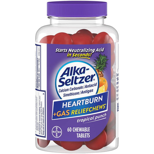 Alka-Seltzer Heartburn Relief + Gas Relief, Extra Strength Antacid, Tropical Fruit, 60 Chewable Tablets Medicine & Drugs Pasteur Pharmacy
