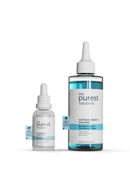 Set de cuidado de la piel The Purest Solutions - Sérum hidratante y tónico exfoliante para piel seca e irregular - Ácido hialurónico y ácido glicólico