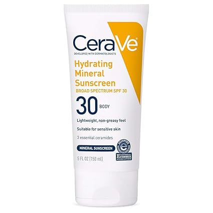 CeraVe Hydrating Mineral Sunscreen SPF 30 | 100% Mineral Body Lotion with Zinc Oxide & Titanium Dioxide | 5 oz Sunscreen Pasteur Pharmacy