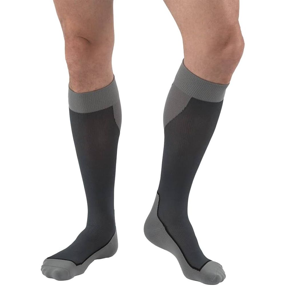 GNP Unisex Knee-High Compression Socks (15-20 mmHg) – Black/Grey Stripe, Size Small Knee Socks Pasteur Pharmacy